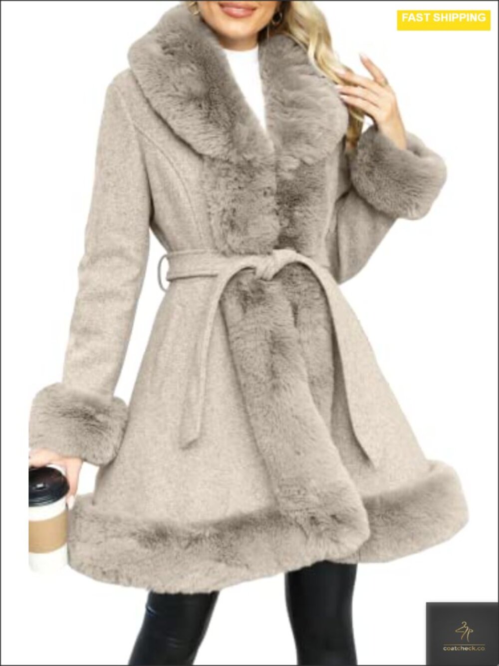 Faux Fur Trim Belted Parka Jacket Women Warm Winter Coat